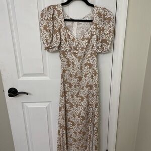 Petal & Pup midi white and tan floral dress with slit. Size 2. Worn a few times